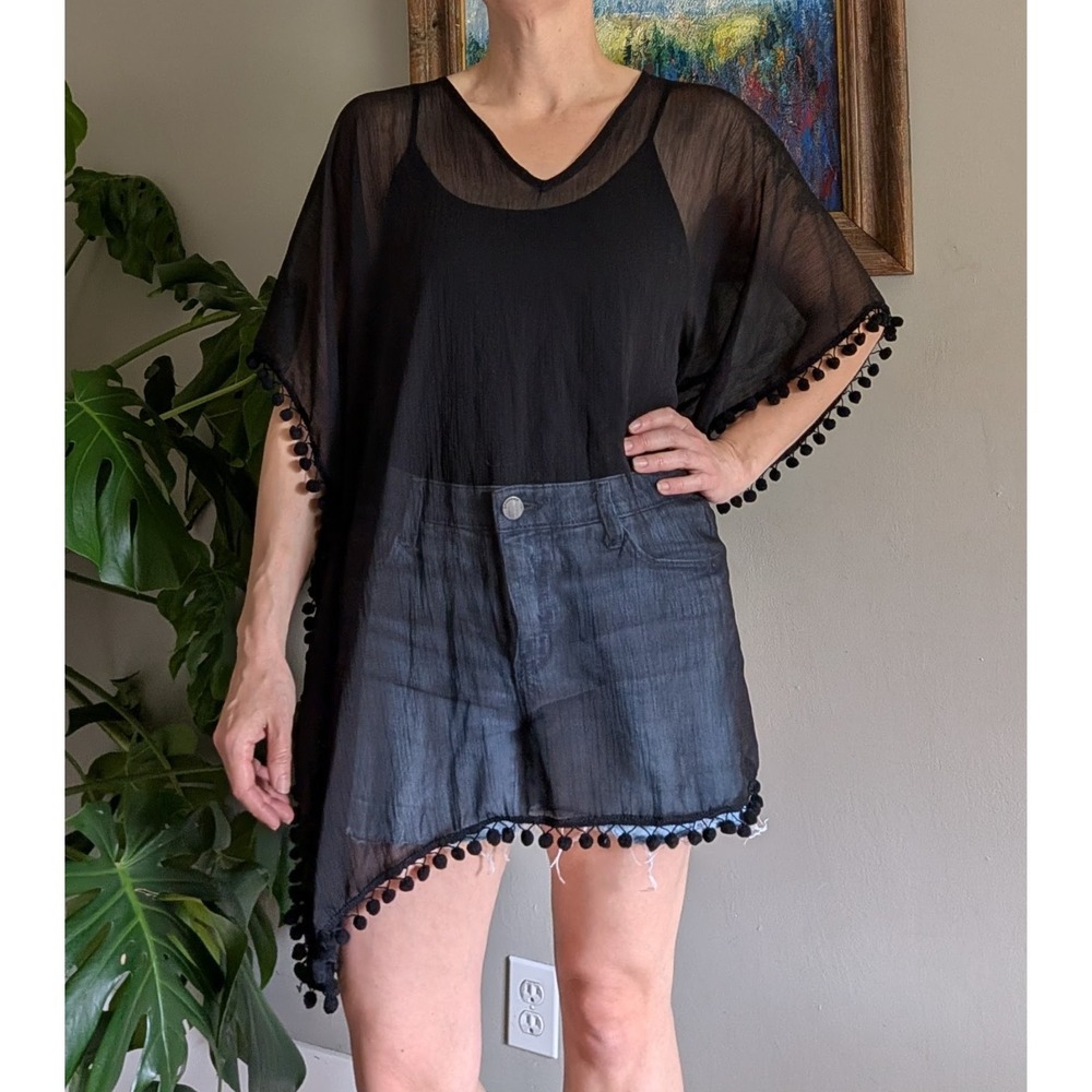 Black Sheer Poncho Cover Up Crochet‎ Trim Layering Boho Beach Sophisticated
